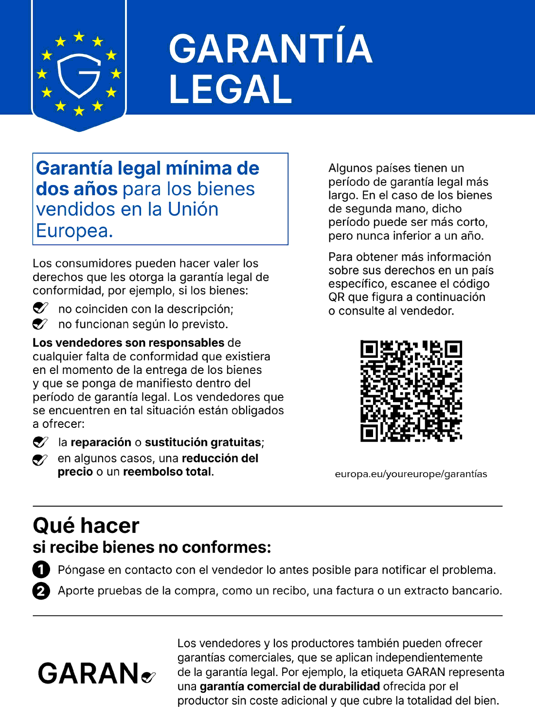 Garantía legal de conformidad — al menos dos años (UE)